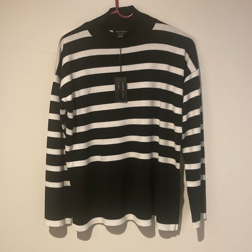 Cable and Gauge mock turtle neck sweater SP black white new
